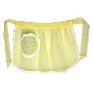 Vintage Sheer Yellow Chiffon Hostess Half Apron Lace Trim Floral Pocket Handmade